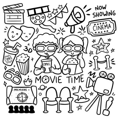 Film seti ve sinemadaki küçük kız ve erkek vektör çizimi 