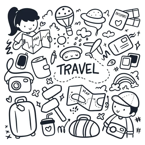 旅行集和小男孩和小女孩作为旅行家涂鸦集矢量插图 — 图库矢量图片