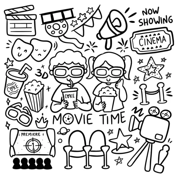 Filmset Und Kleine Jungen Und Mädchen Kino Doodle Set Vektorillustration — Stockvektor
