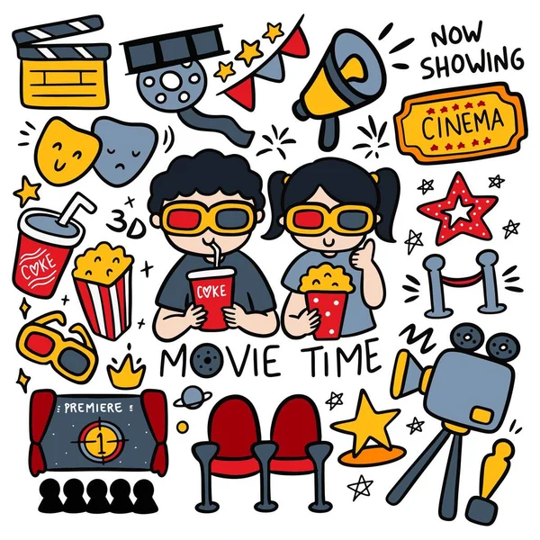 Set Filme Menino Menina Cinema Doodle Set Vetor Ilustração — Vetor de Stock