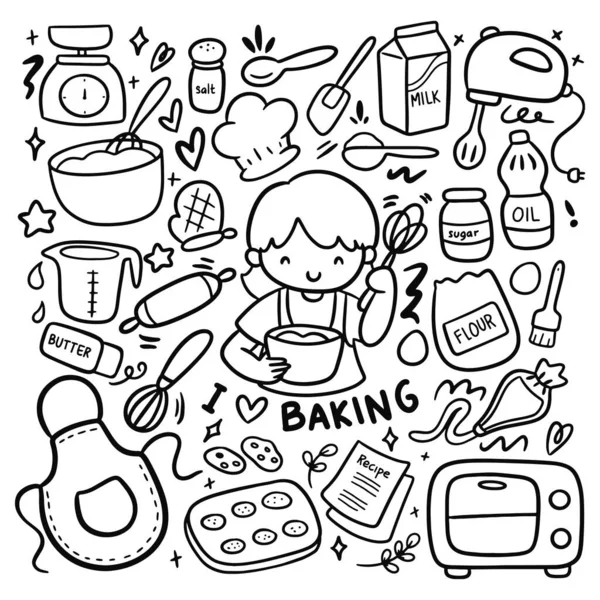 复古漫画矢量插图与女孩和厨房与食物集 — 图库矢量图片
