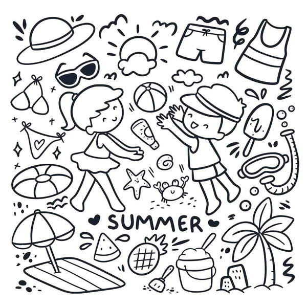 Férias Verão Pequeno Menino Menina Doodle Conjunto Vetor Ilustração — Vetor de Stock
