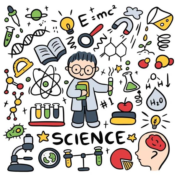 Retro Cartoon Vector Illustration Science Set Small Boy Scientist — Stock Vector