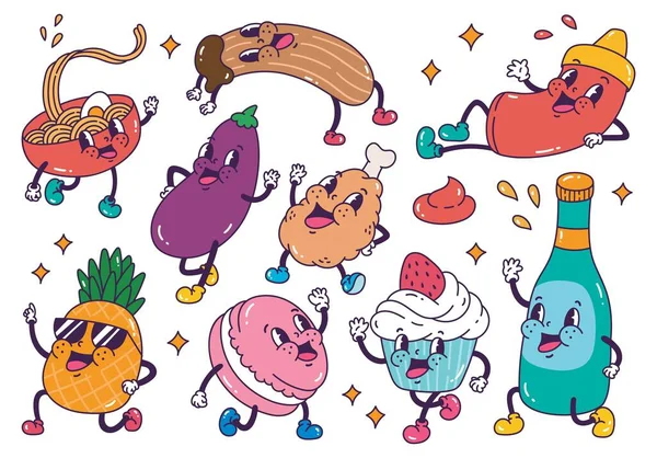Illustrazione Vettore Cartone Animato Retrò Con Vari Personaggi Alimentari — Vettoriale Stock
