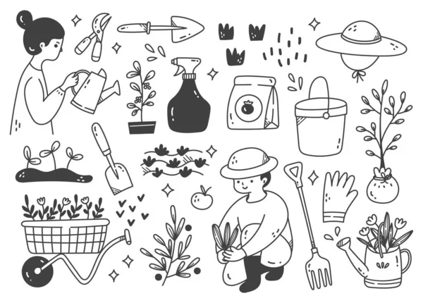 Zestaw Wektorowy Narzędzi Ogrodniczych Ilustracja Rysowana Ręcznie — Wektor stockowy