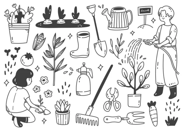 Set Von Gartengeräten Und Pflanzen Vektorillustration — Stockvektor