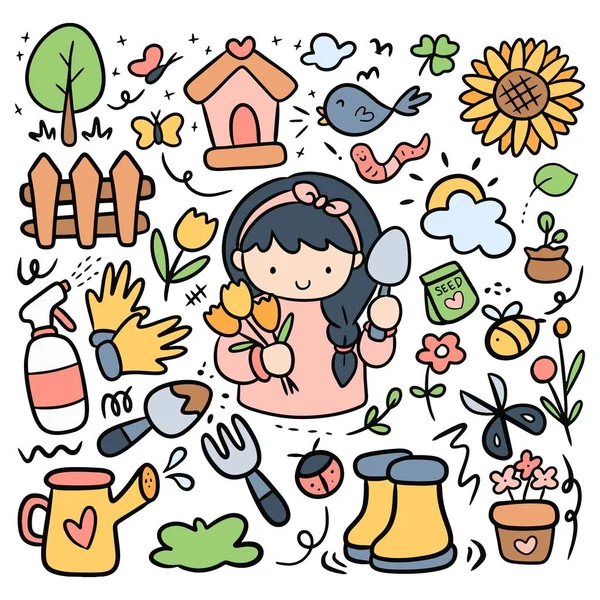 Jardinage Bande Dessinée Kawaii Doodle Style Vectoriel Clip Art — Image vectorielle