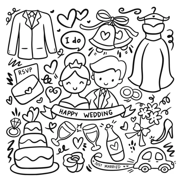 Набор Свадебных Каракулей Линии Художественного Дизайна Элементов — стоковый вектор