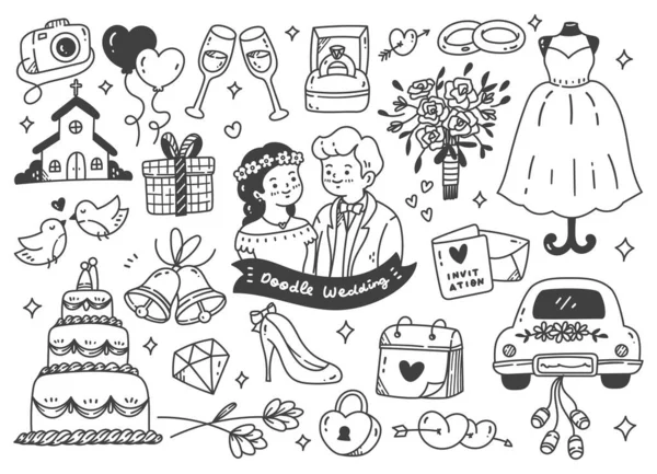 Set Wedding Doodles Line Art Design Elements — Stock Vector
