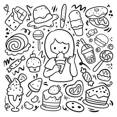 Elle çizilmiş karalama, yiyecek ve içecekler. vektör illüstrasyonu.