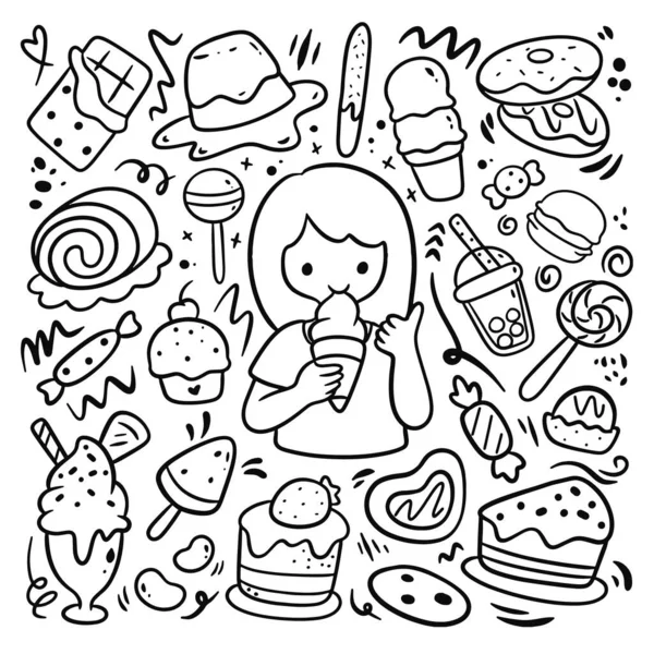 Handgetekende Set Van Doodle Eten Drinken Vectorillustratie — Stockvector