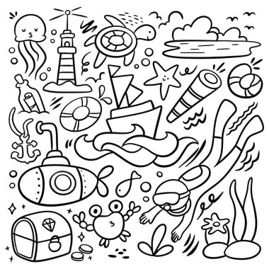 vektör karalama simgeleri, seyahat ve turizm, el çizimi, deniz, okyanus suyu, plaj ve