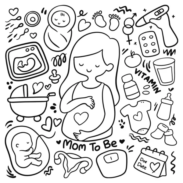 Set Doodle Incinta Disegnato Mano Mamma Con Background Attrezzature Correlate — Vettoriale Stock