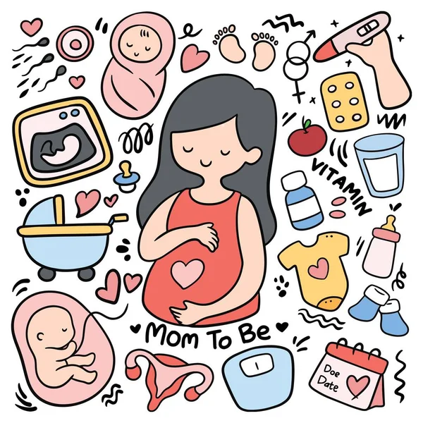 Set Doodle Incinta Mamma Con Background Attrezzature Correlate Neonato — Vettoriale Stock