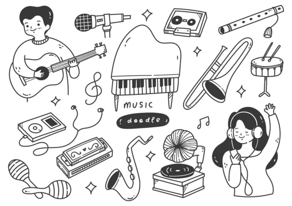 Handgetekende Muziekinstrumenten Doodle Lijn Kunst Achtergrond — Stockvector