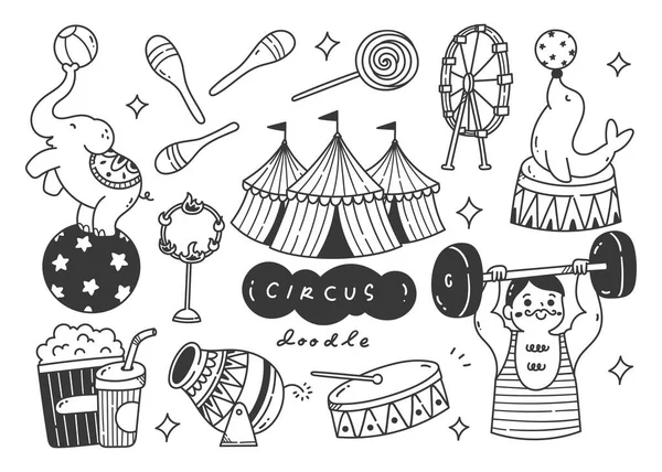 Uppsättning Cirkus Klotter Linje Konst Vektor Illustration — Stock vektor