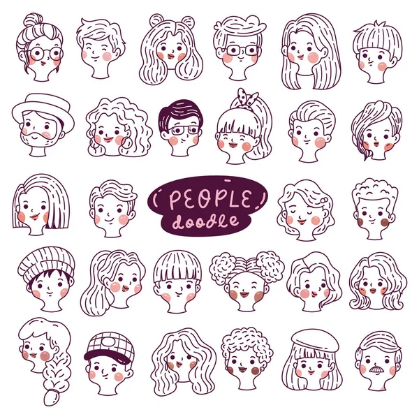 Set Persone Avatar Disegnato Mano Volti Diversi Stile Cartoon Doodle — Vettoriale Stock