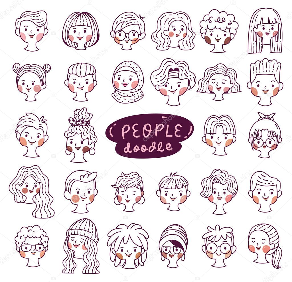 Set of people avatars, hand drawn diverse faces in cartoon doodle style, Vector Illustration