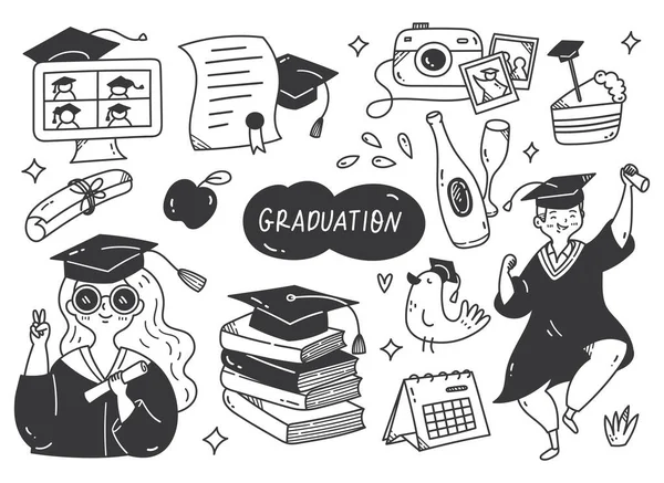 Zestaw Graduation Doodle Line Art Wektor Ilustracji — Wektor stockowy
