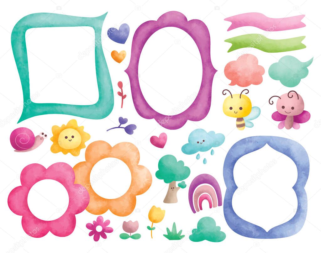 water color style frame with cartoon animals, flowers and tree, doodles illustration