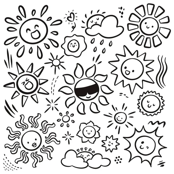 Kawaii Soleil Doodle Élément Conception Solaire Été — Image vectorielle