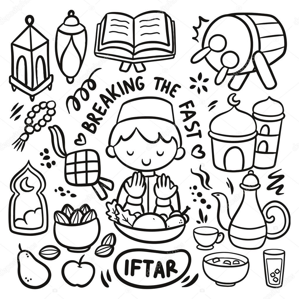 Breaking the fast doodle, hand drawn Iftar clip art, islamic culture during ramadan