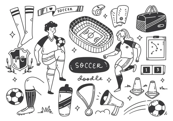 Hand Drawn Soccer Ball Championship Equipments Doodle Vector Illustration — Stock Vector