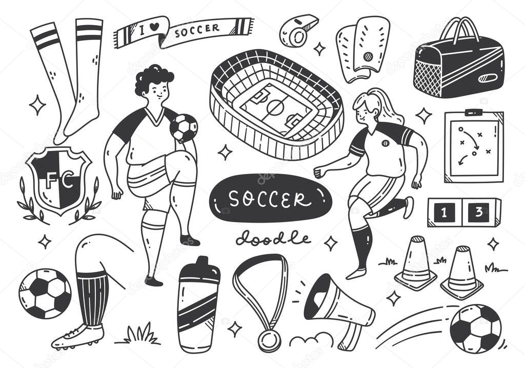 Hand Drawn Soccer Ball Championship and Equipments Doodle Vector Illustration