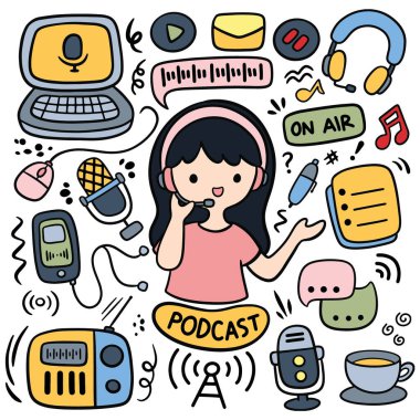 Kawaii podcast ekipmanı karalama tarzı illüstrasyon