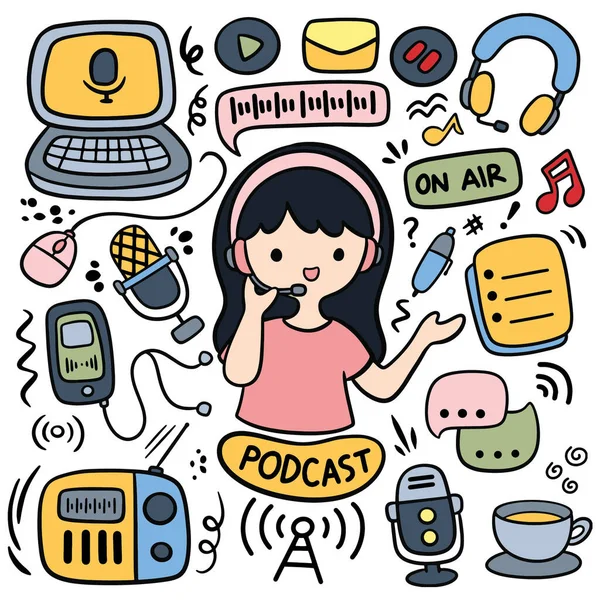 Equipamento Podcast Kawaii Ilustração Estilo Doodle — Vetor de Stock