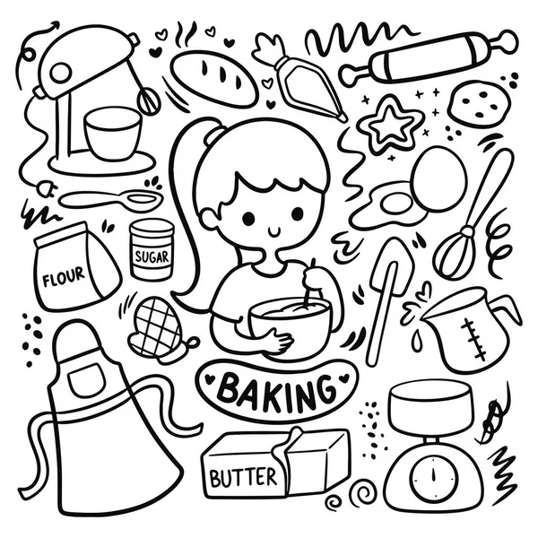 Kawaii Hand Drawn Baking Equipment Doodle Vector Illustration — ストックベクタ