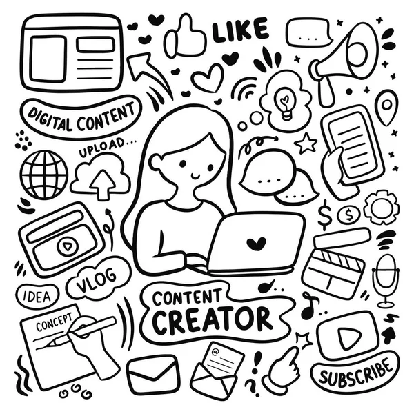 Kawaii Hand Drawn Content Creator Digitales Marketing Vlog Doodle Vektor — Stockvektor