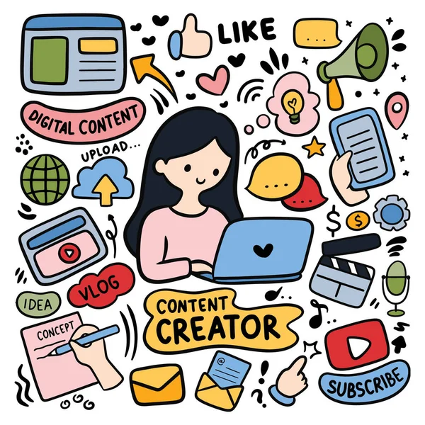 Kawaii Dibujado Mano Creador Contenido Marketing Digital Vlog Doodle Vector — Archivo Imágenes Vectoriales