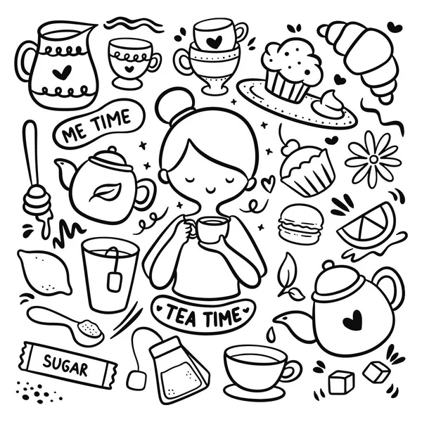 Kawaii Hand Gezeichnete Tea Time Doodle Illustration — Stockvektor