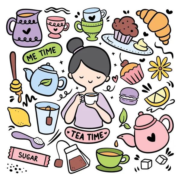 Kawaii Hand Drawn Tea Time Doodle — 스톡 벡터