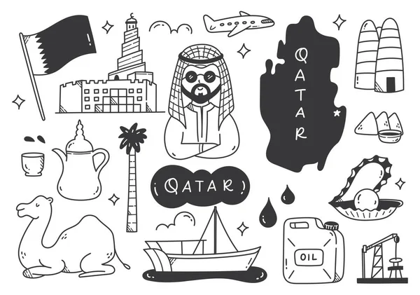 Hand Drawn Qatar Travel Destination Doodle Background — стоковый вектор