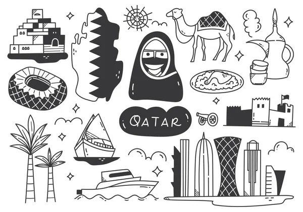 Disegnato Mano Qatar Destinazione Viaggio Doodle Sfondo — Vettoriale Stock