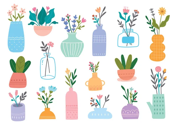 Conjunto Plantas Flores Macetas Ilustración Vectorial — Vector de stock