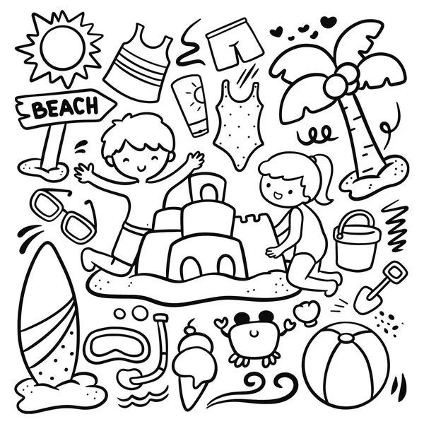 Cartoon Kids Building Sand Castle Beach Summer Doodle Design Element — Stock Vector