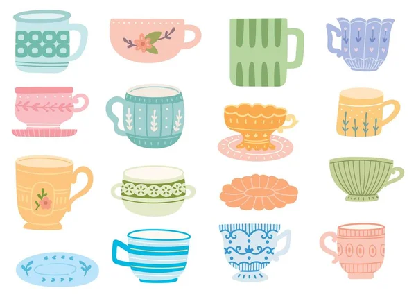 Vintage Pastel Color Tea Cups Doodles — Stock Vector