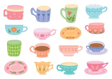 set of cups with tea and cup of coffee. vector illustration