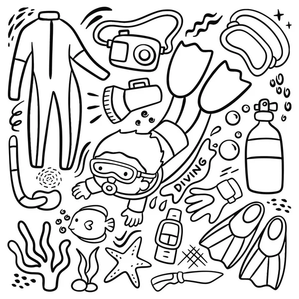 Set Different Life Hand Drawn Doodle Illustrations Underwater Beach Diving —  Vetores de Stock