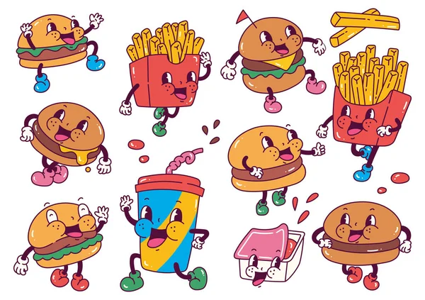 Illustration Dessin Animé Hamburger Drôle Avec Différentes Expressions — Image vectorielle