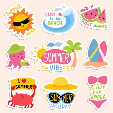 summer beach background with sunglasses, sun, hat, sunscreen, starfish, umbrella, vector illustration