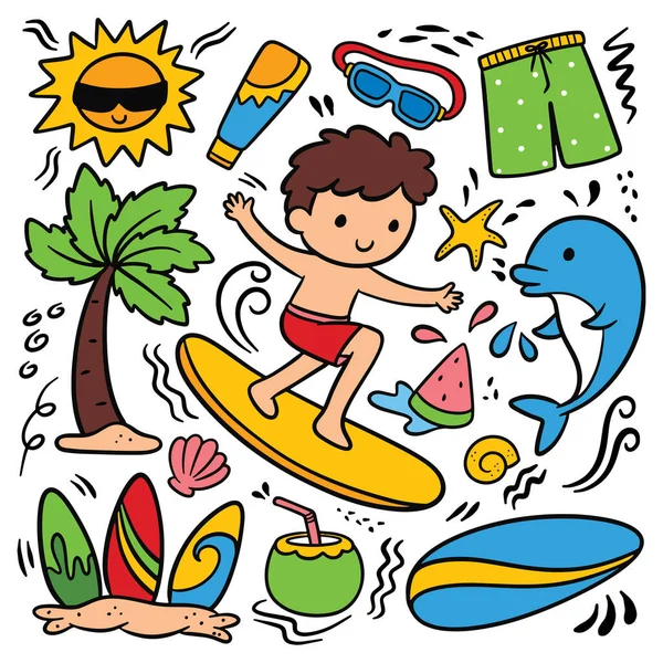 Summer Beach Vacation Travel Leisure Children Boy Diving Sun Surfboard — 图库矢量图片