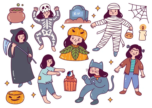 Halloween Party Hand Drawn Doodle Set Vector Illustration — 스톡 벡터