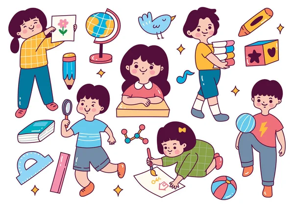 Cartoon School Activity Set Stickers — 图库矢量图片