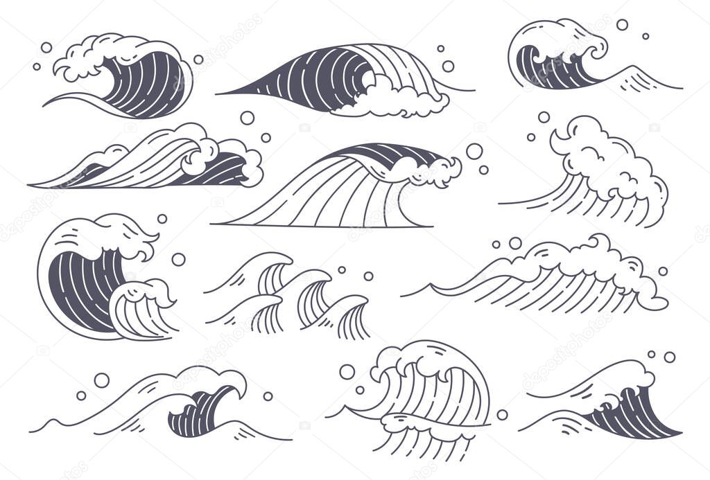Set of Ocean Wave Doodle Element Vector Illustration