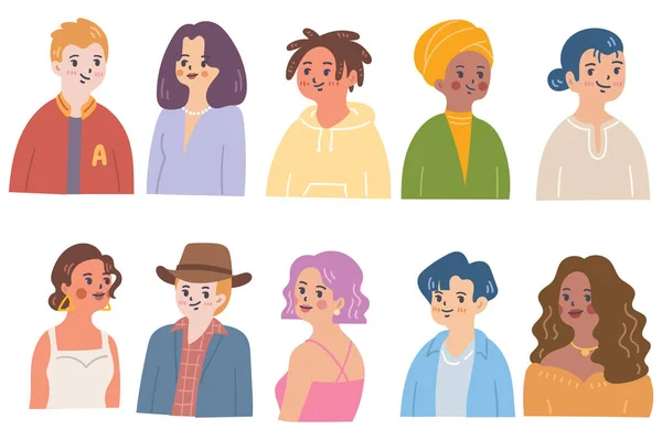 Set Persone Avatar Disegnato Mano Volti Diversi Stile Cartoon Doodle — Vettoriale Stock