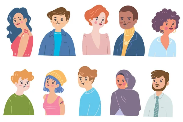 Ein Set Von Menschen Avataren Handgezeichnete Verschiedene Gesichter Cartoon Doodle — Stockvektor